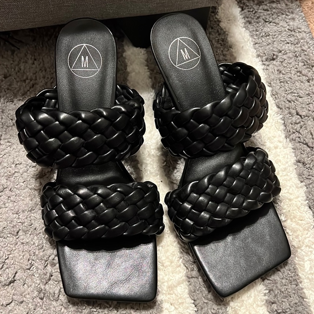 Missguided Black Double Strap Square Toe Woven Mules - Size 9 New